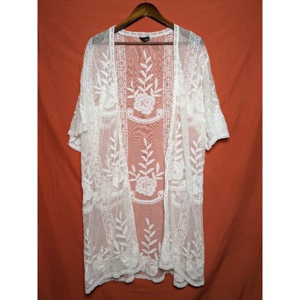 White Sheer Embroidered Mesh Kimono Duster Size 2XL Boho Cottagecore Festival
